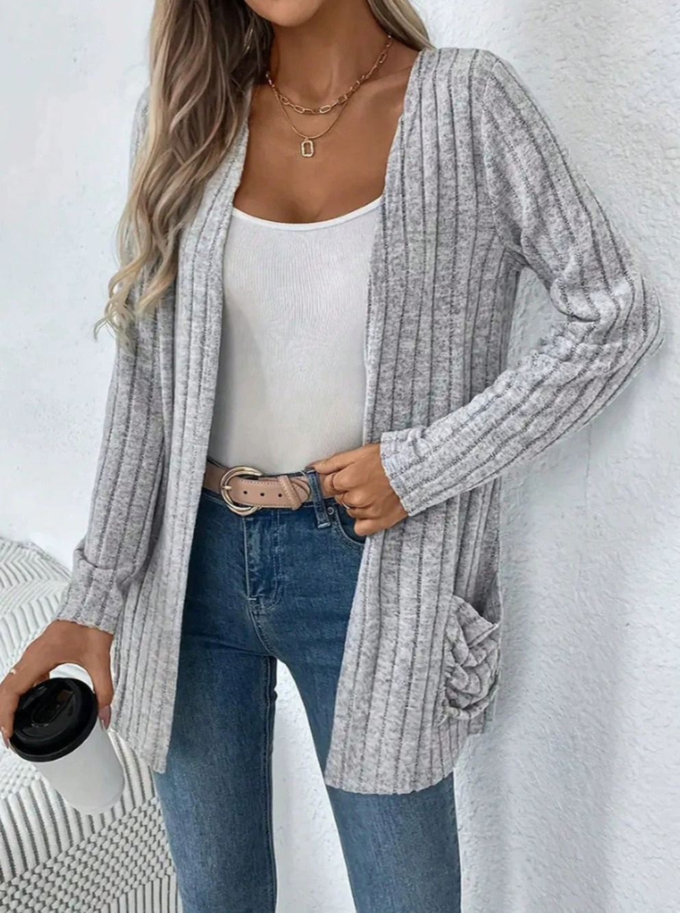 ZARA Womens Ribbed Brushed Long Sleeve Pocket Cardigan Solid Color Fall Winter